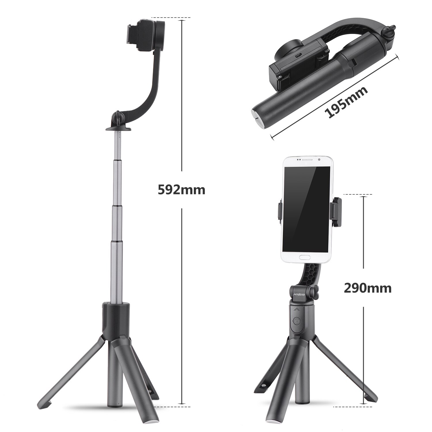 Andoer 3-In-1 Uitschuifbare Smartphone Gimbal Stabilizer + Selfie Stok + Tripod Stand Voor Live Vlogging Video voor Smartphones