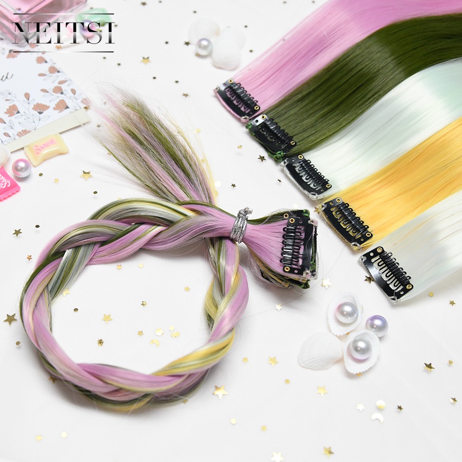 Neitsi 20'' 10pcs/pack Straight Long Single Clip In One Piece Heat Resistant Synthetic Hair Extensions Ombre Hairpiece For Woman
