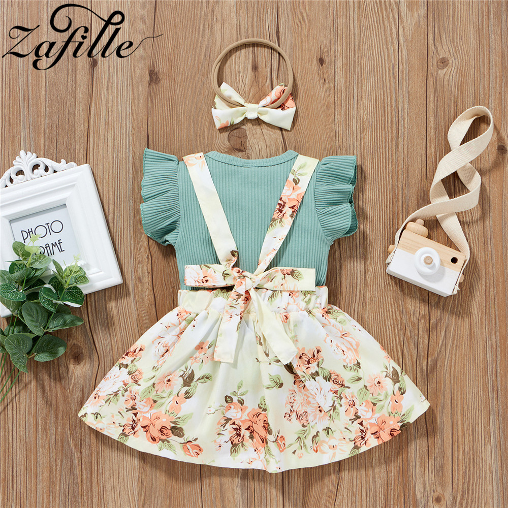 Zlaille – ensemble de jupe pour bébé fille, vêtements d'été en coton tricoté, haut à bretelles, avec bandeau
