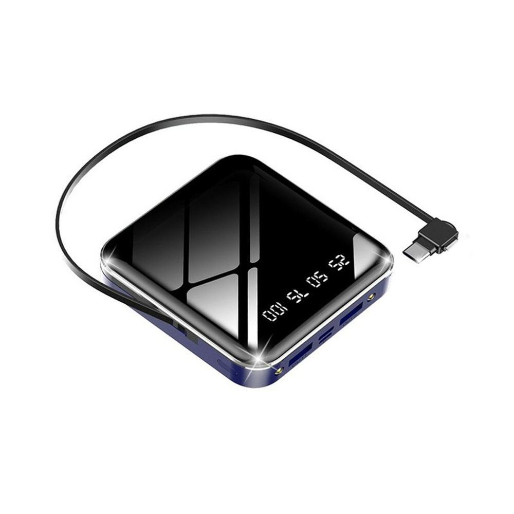 10000 mah powerbank met kabel, snel opladen, digitaal display, mini-spiegel powerbank 20000 3 in 1 externe batterij, powerbank: 20000 mah blauw