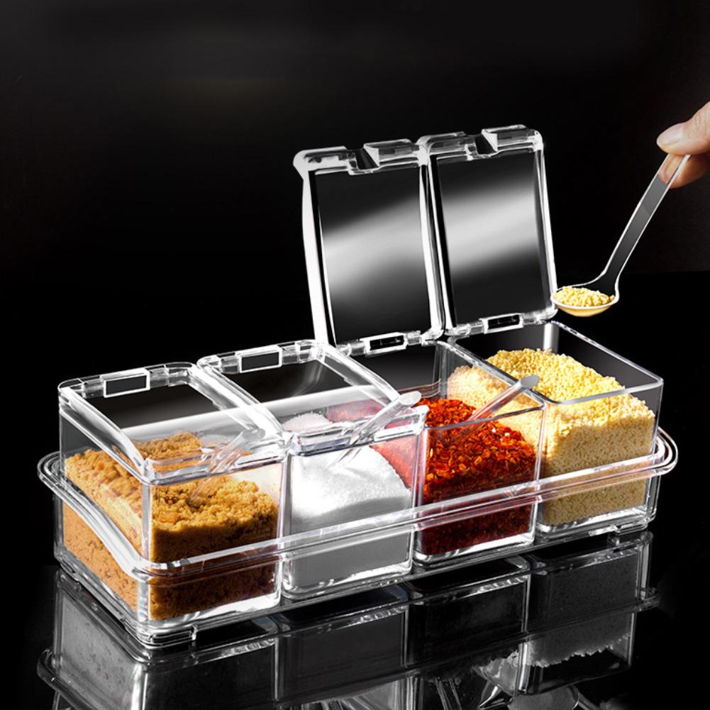 3/4 Grid Transparent Kitchen Organizer Storage Boxes Spices Seasoning Jar Transparent Sugar Salt Bottle Kitchen Accessories