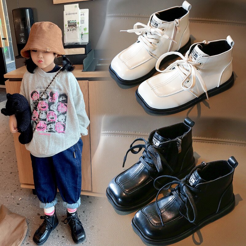 2022 Kids Vierkante Teen Meisjes Enkellaars Kinderen Dunne Katoen Warm Martin Laarzen Winter Antislip Effen zwarte Laarzen Voor Jongens