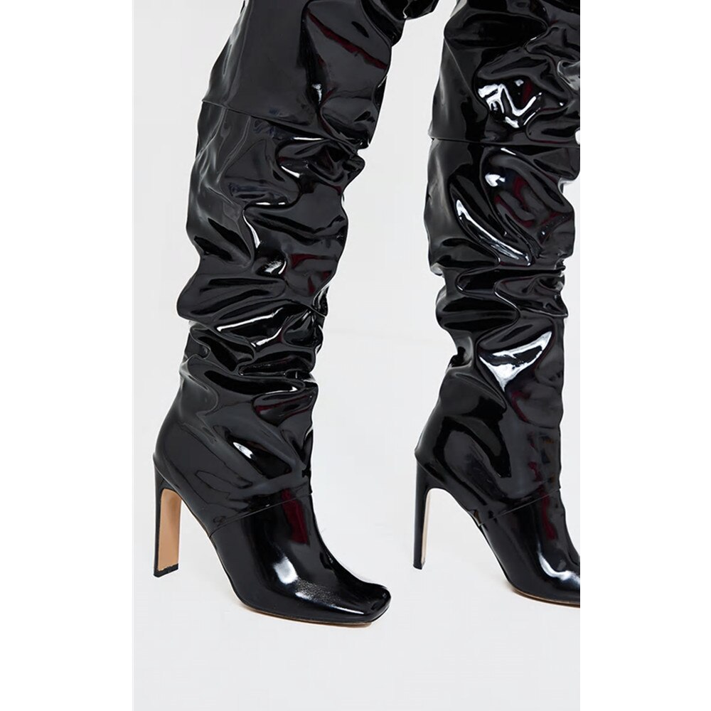 Mstacchi – Botas classiques en peluche pour femme, chaussures confortables plissées à talon épais et bout carré, cuissardes hautes, hiver