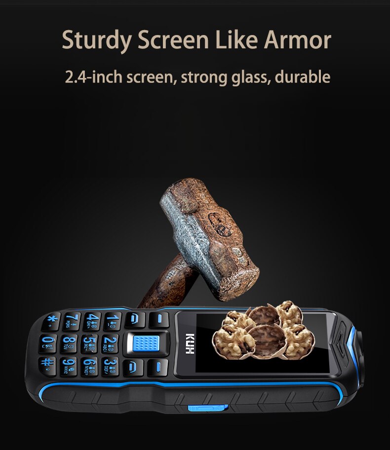 KUH T3 Dual Flashlight Power Bank Rugged Cellphone Big voice Outdoor Shockproof Mobile Phone 13800mAh 2.4 Inch Quick Dial Phone