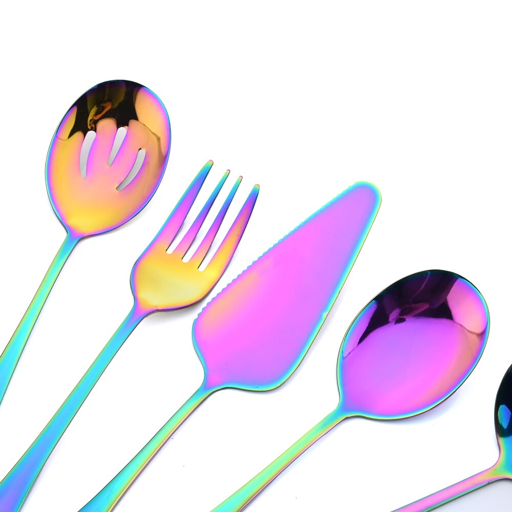 Stainless Steel Serving Spoon Western Restaurant Public Rainbow Cutlery Soup Ladle Colander Fork Shovel Distributing Spoons