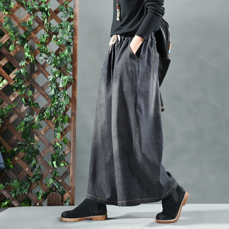 Pantalones vaqueros chinos tradicionales para mujer, pantalón informal de cintura elástica en línea, de pierna ancha, TA1376,
