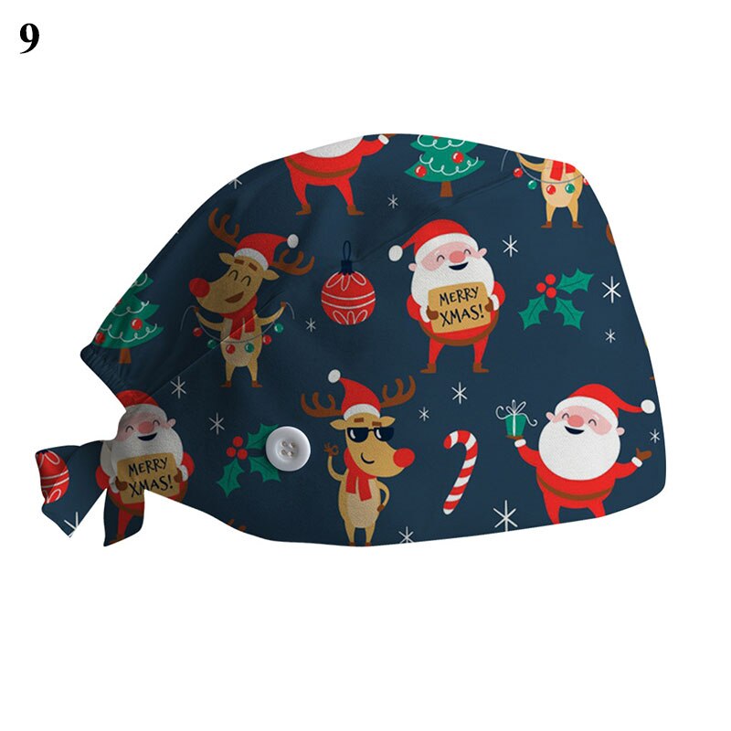 Kerstprint chirurgische muts voor dames heren verpleegstersmuts met knoop zweetabsorberende handdoek doktersmuts scrub muts gesp baotou muts: 9