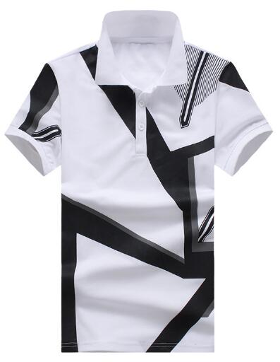 European Size Summer Men's Brand Tops Business Casual Cotton Geometric Print Short Sleeve Polo Shirt S-XL: White / XL