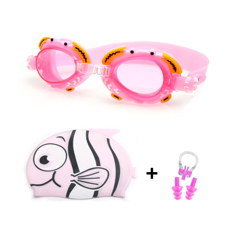 Boy Girl Swimming Goggles Children Silicone Dolphin Fish Caps Ear plug Nose Set Diving Glasses Waterproof Kids Swim Pool Eyewear: Pink Fish