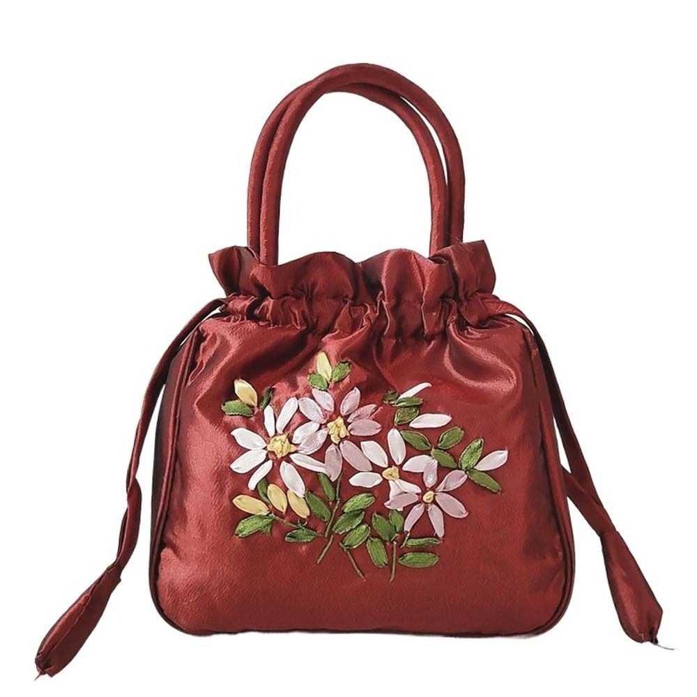 Bolso de mano con bordado de seda satinada para mujer, cartera pequeña con cordón Floral, Hanfu, Retro y: Azul