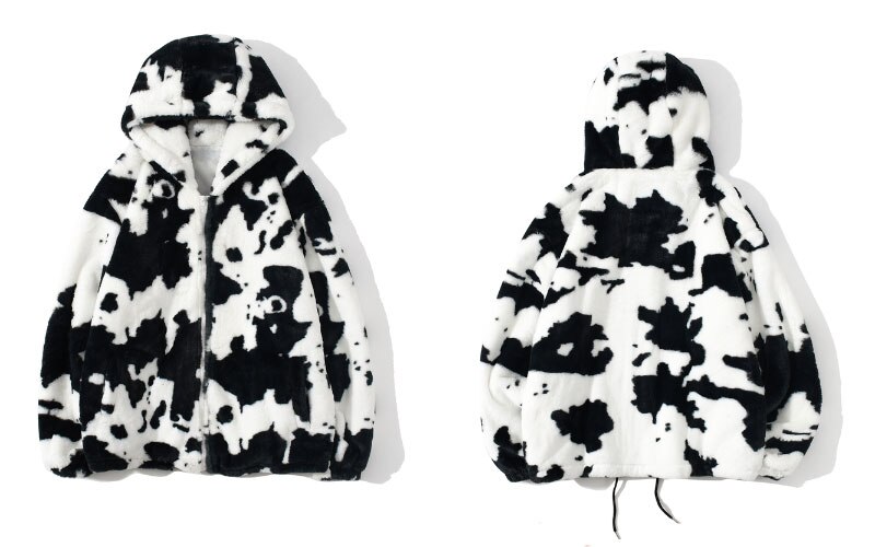 GONTHWID Fleece Hooded Jackets Streetwear Hip Hop Cow Spots Print Full Zip Jacket Coats Men Harajuku Casual Tops Outwear: L