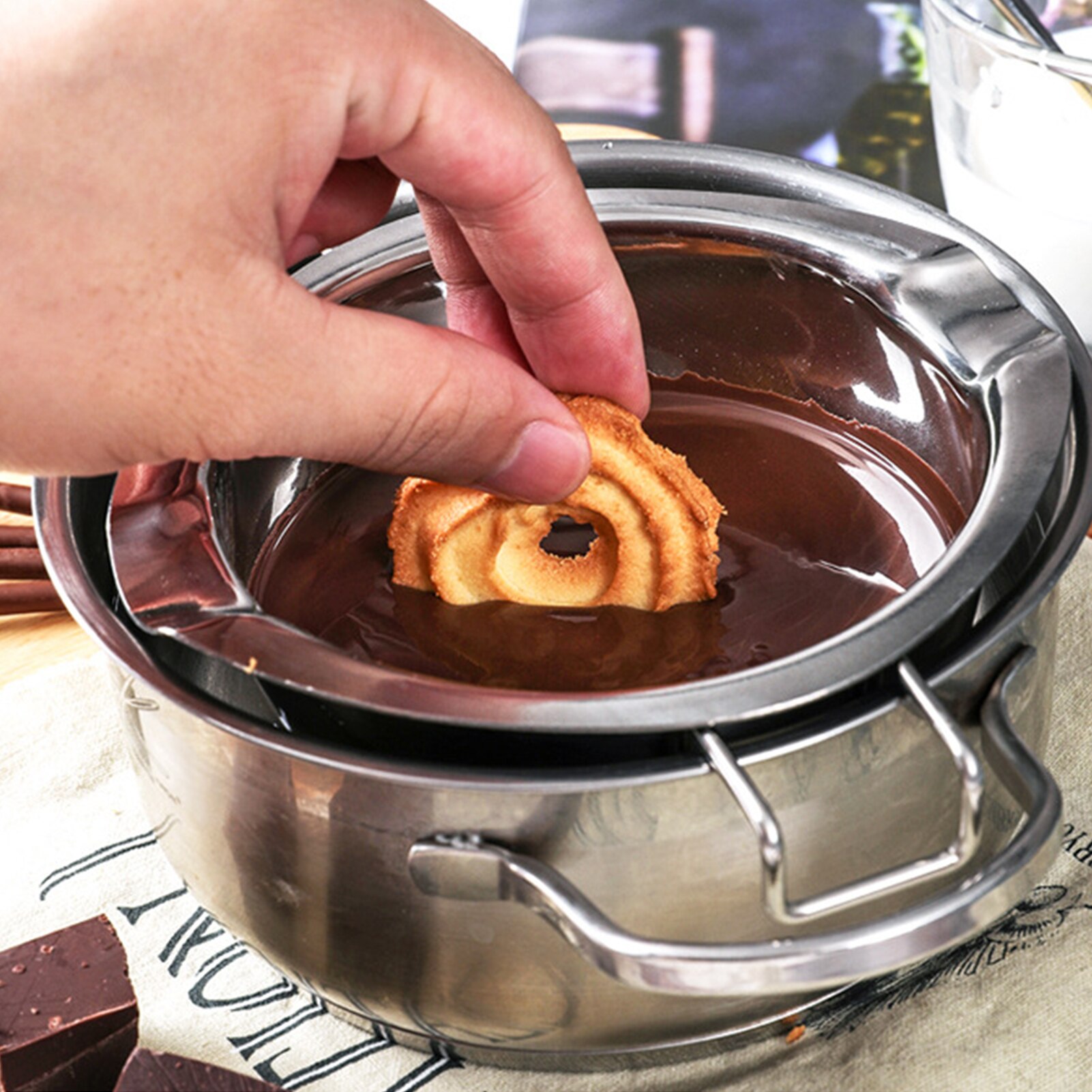 Portable stainless steel chocolate melting pot k, butter cheese fondue, dessert cooking tools, kitchen accessories.