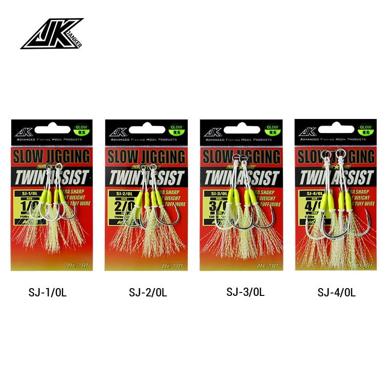 JK Fishing Hooks Sea Glow 1/0 2/0 3/0 4/0 Fish Assist Hook Twins Double Fishery Fishhooks Jig Slow Feather for Fishing Attract