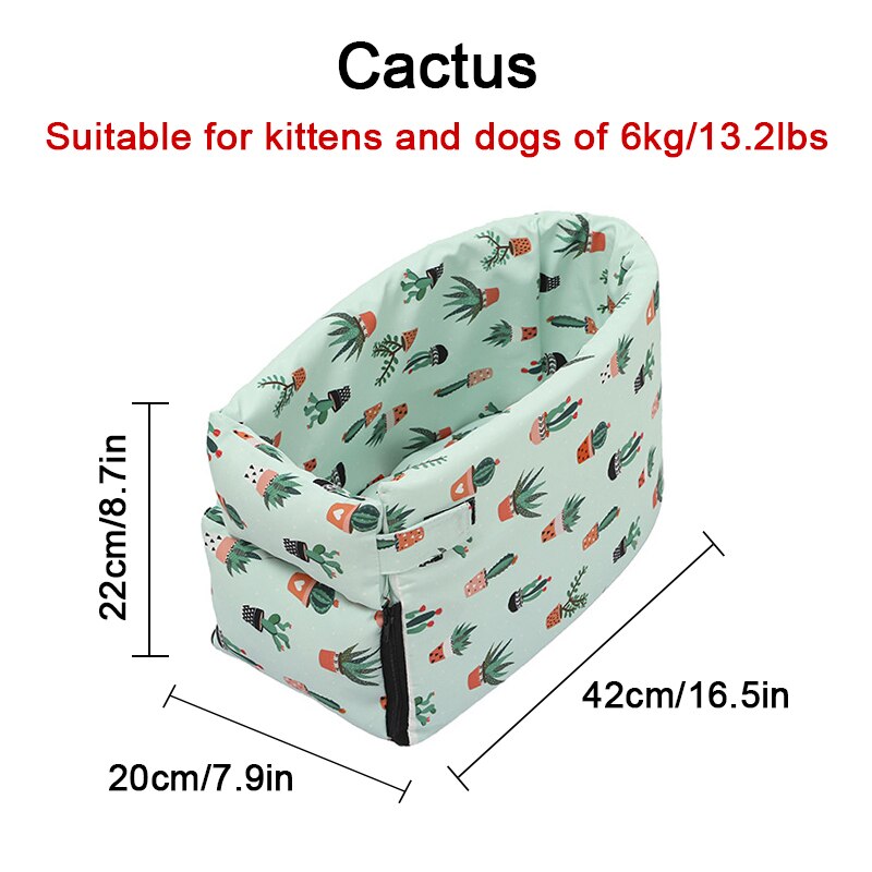 Asiento de coche portátil para perros y gatos pequeños, caja de seguridad con reposabrazos, Control Central, antideslizante: Cactus