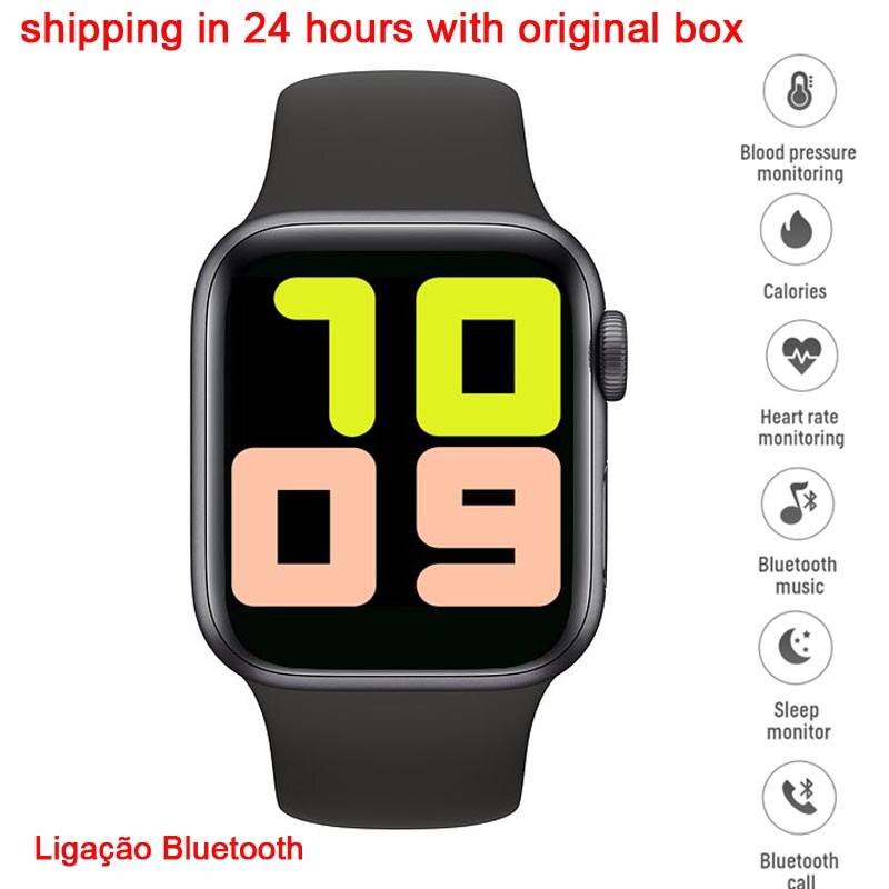Iwo 10 t500 relógio inteligente tela sensível ao toque completa mtk2502 smartwatch monitor de freqüência cardíaca relógio de pulso 44mm iwo 12 vs t500s: Black