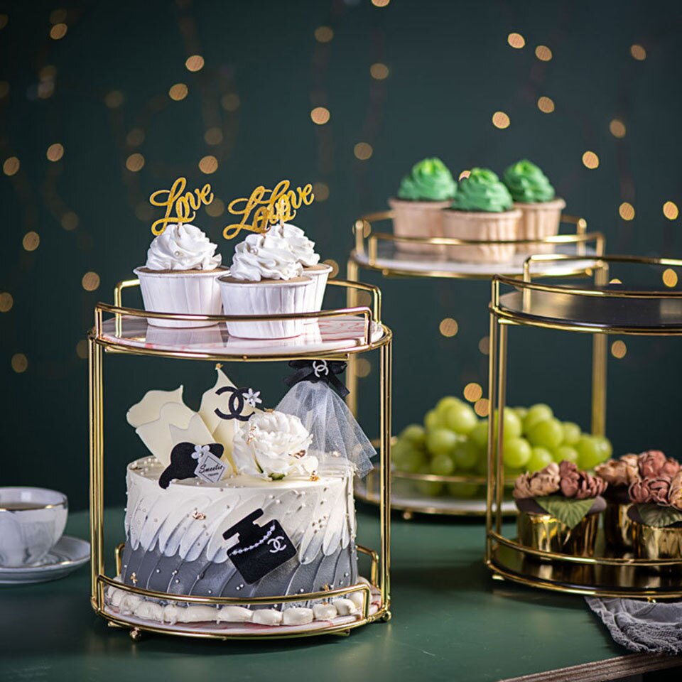 Msjo – présentoir à gâteaux en marbre, Double couche, style nordique, plateau à fruits, pâtisserie, doré, Table à Dessert, mariage, fête d&#39;anniversaire, décoration