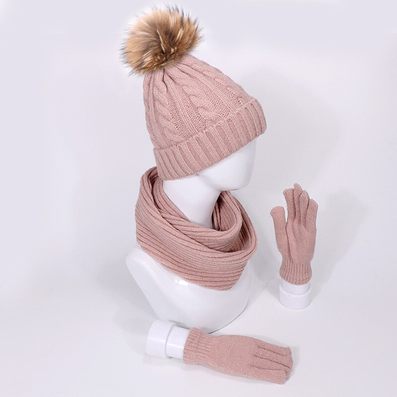 Gorro de piel Real con pompón, gorros, bufandas, guantes, conjunto de tres piezas, gorro grueso para invierno y otoño bufanda, guantes traje Windproo Pom sombrero bufanda, guantes de invierno deportes al aire libre cálida bufanda gorros conjuntos: C