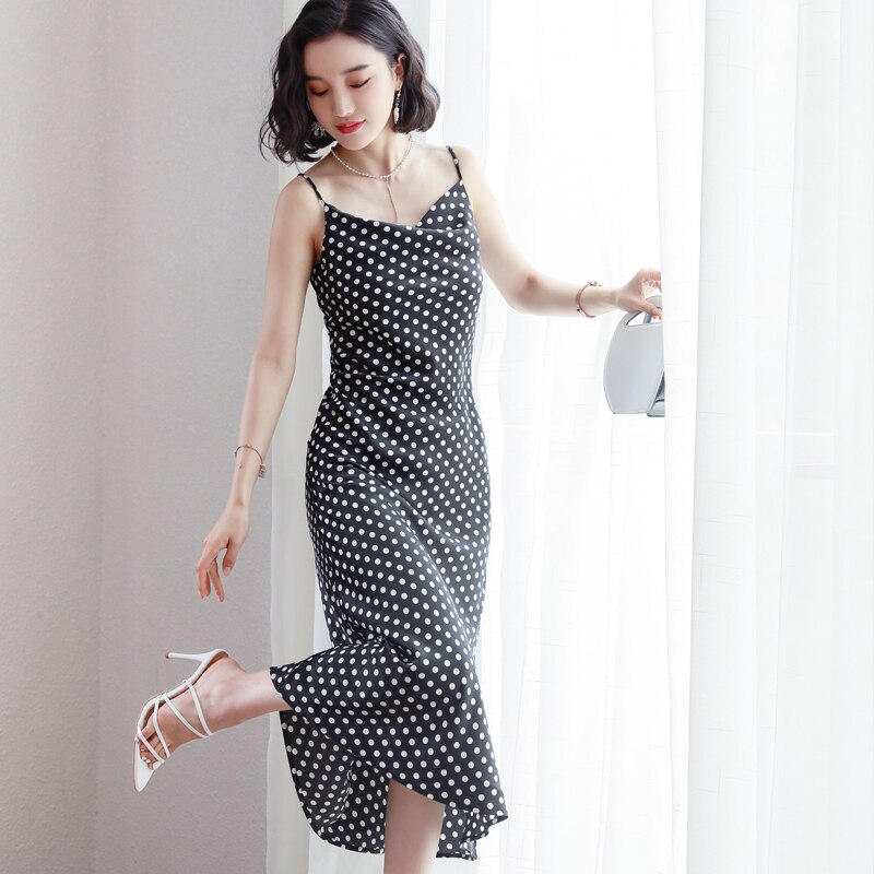 Wave Point Print Dress Women Black Spaghetti Strap Long Slim Women Full Slips Underdress