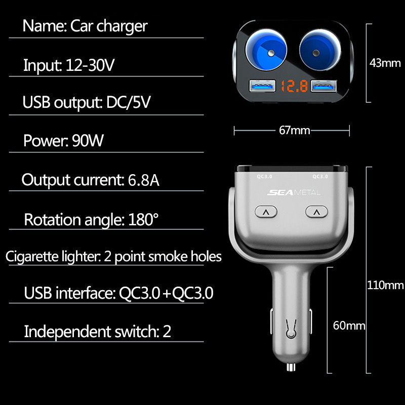 Auto Sigarettenaansteker Auto-oplader 12V Led Sigarettenaansteker Dual QC3.0 Usb Laders Power Adapter Oplader Draaien Seametal