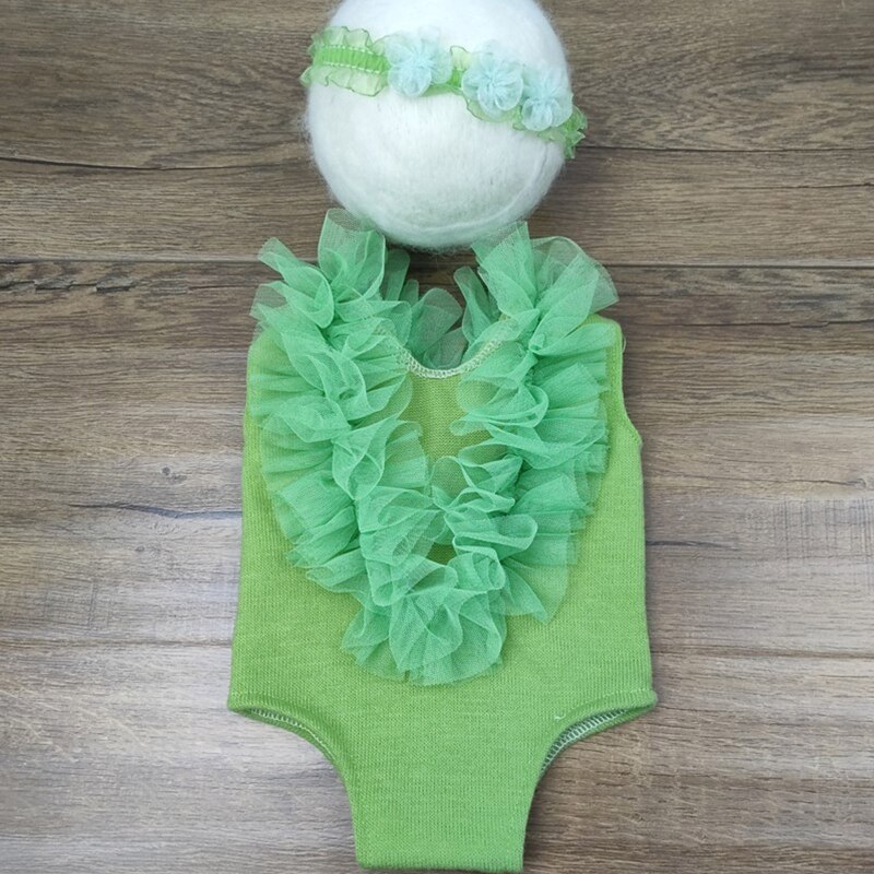Newborn Girl Photography Outfits Cute Ruffle Lace Splicing Bodysuit Rompers with Flower Headband Hairband Baby Photo Props