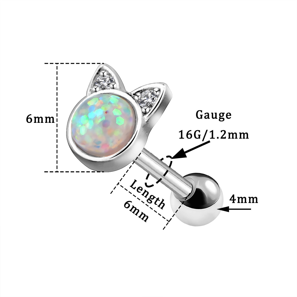 Body Punk 16g Cute Cat Cartilage Earring Opal Center Tragus Helix Stud Conch Rings Body Piercing Earring