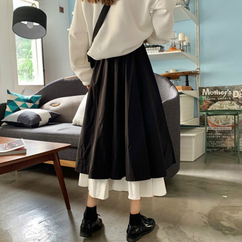 Saias femininas retrô com babados, saia chique coreana retrô com babados, outono e verão, saia básica adorável com patchwork, cintura elástica para mulheres