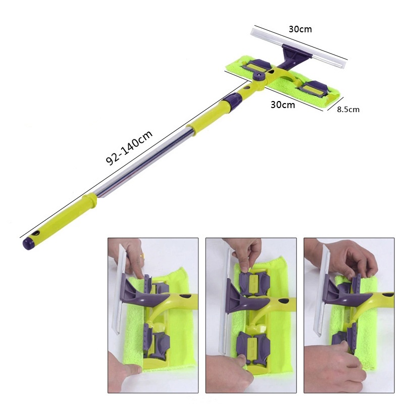 Window Glass Cleaning Tool Double-sided Rotating Telescopic Rod Window Cleaner Squeegee Wiper Long Handle Windows Dust Tool