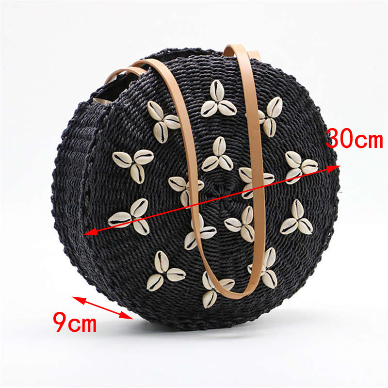 Sac de plage en paille ronde sac à bandoulière fait main en coquille tissée d'été pour filles, cercle en rotin tressé détail sac avec fermeture à glissière