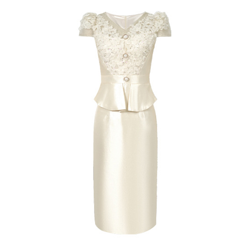 Formel kjole dametøj sød chic blonder splejset satin korte ærmer flæser kåbe fest fødselsdag vestidos mujer: M / Abrikos