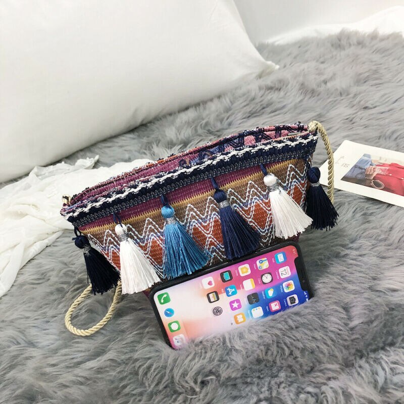 Dam axelväskor mini crossbody väskor bohemiska vävda etniska mönster väska tofs handväska /nr