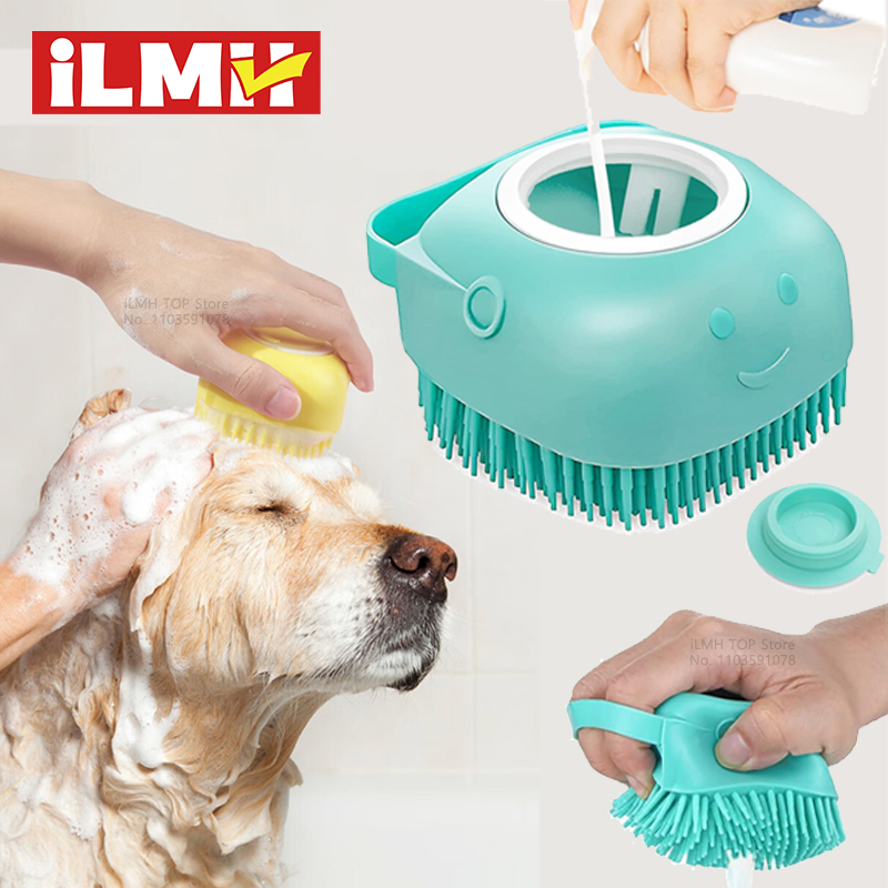 Cepillo de baño para perros y gatos, dispensador de champú, silicona suave, cerdas de goma, herramienta de aseo para ducha
