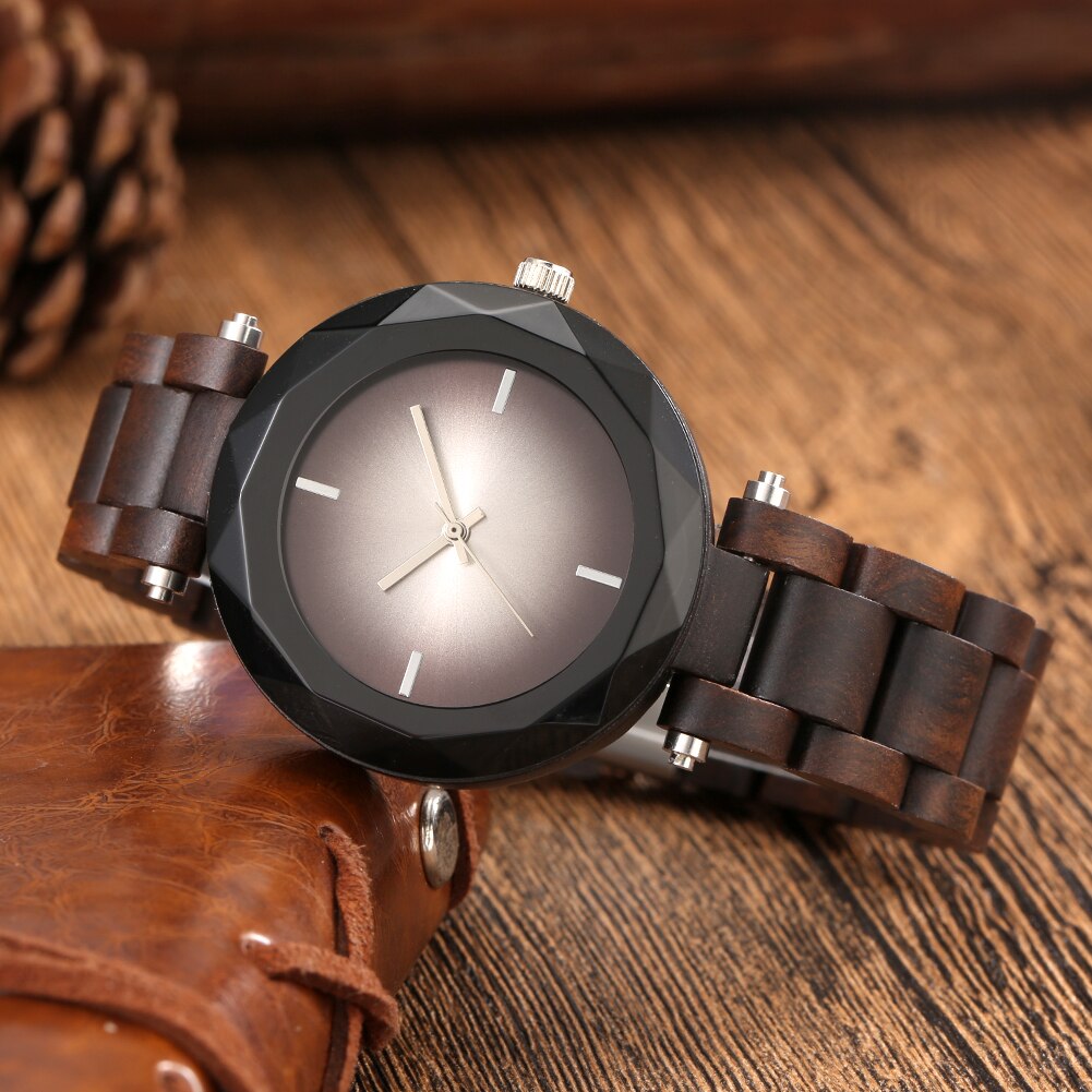 Relojes sencillos de madera para Mujer, Reloj de pulsera de cuarzo con esfera negra brillante, pulsera de madera completa, caja de ,