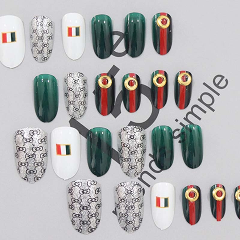Dames Mode Groen Wit Kleur Nep Nagels Lange Ontwerpen Kunstmatige False Nail Tips Volledige Cover Nail Art Tips Met Lijm 24 Stks/set