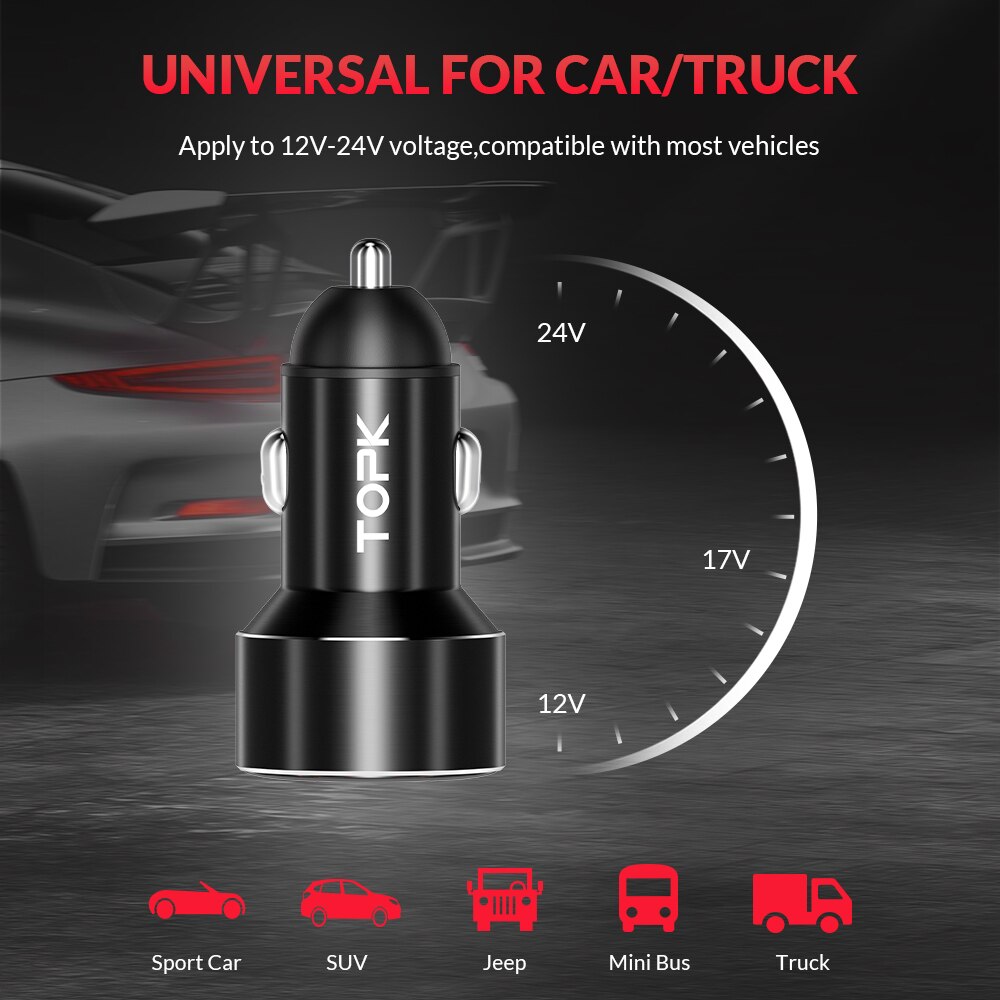 TOPK USB Car Charger Quick Charge 2.0 for iPhone X 8 7 Fast Mobile Phone Charger for Samsung S10 S9 Xiaomi mi 9 Huawei P30 Pro