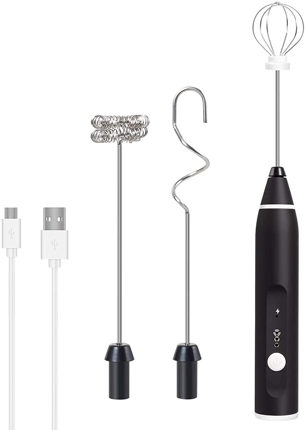 Electric Milk Frother Handheld Blender USB Rechargeable 3-Speed Mixer with 3 Stainless Whisks for Coffee Egg Latte Cappuccino: Black