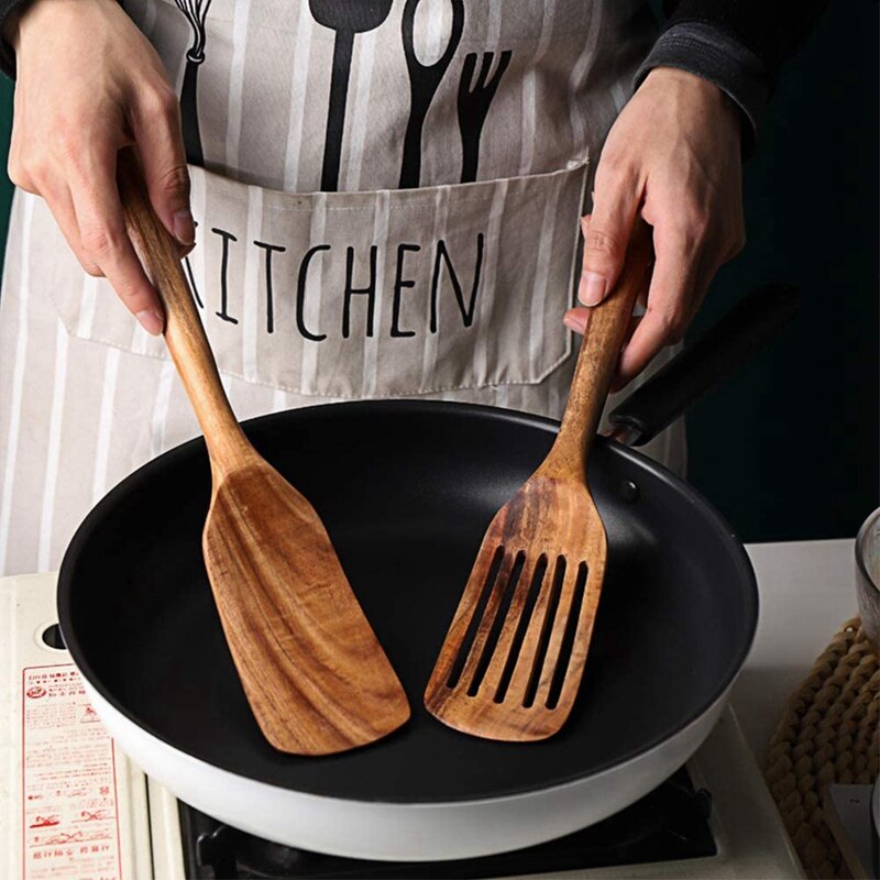 Houten spatel, houten wokspatel voor koken, handvat vierkante kop premium acacia houten keukenset