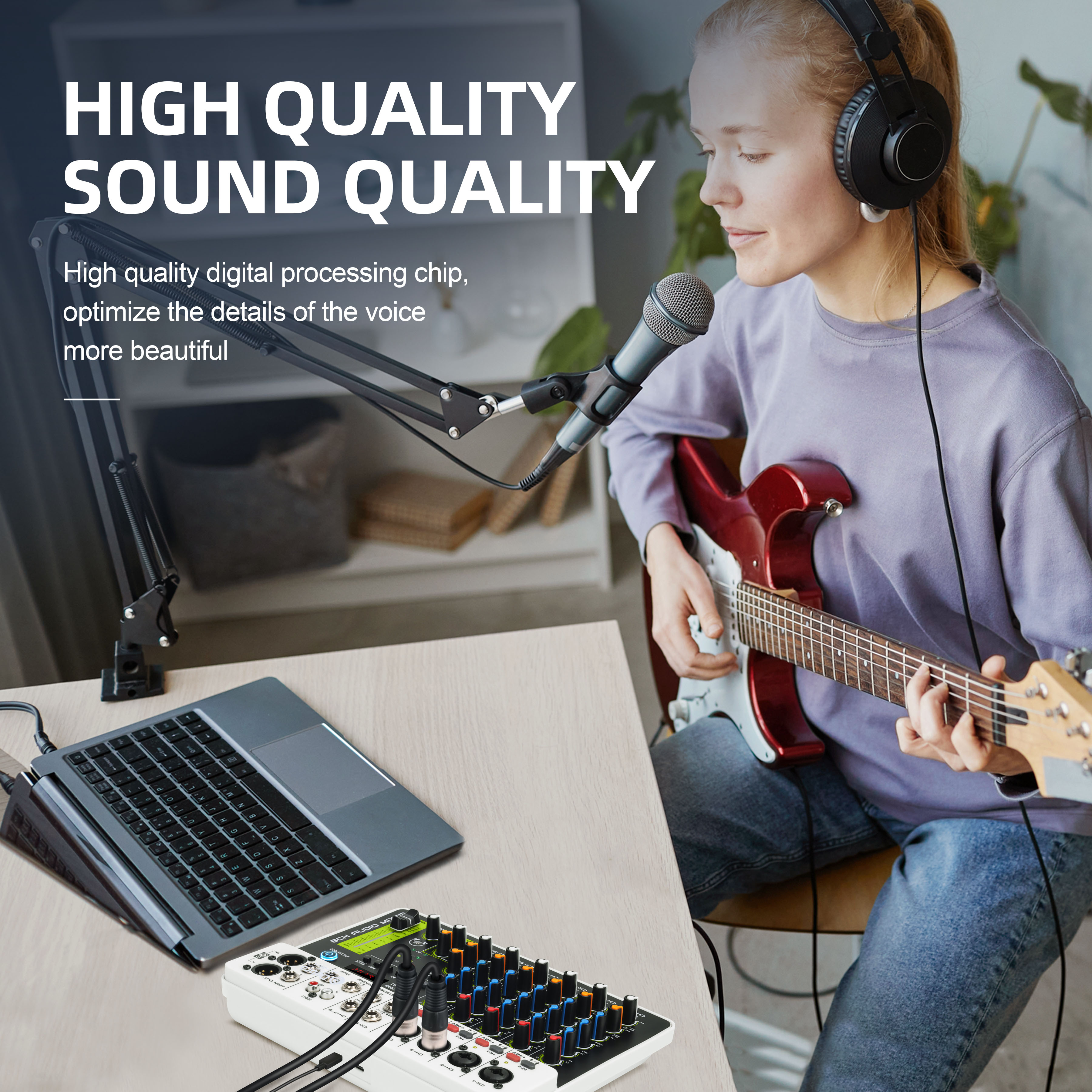 Debra Audio Mixer V8 DJ Audio Interface Mixing Console Bluetooth Record PC 48V Phantom Power Delay Repaeat Effect