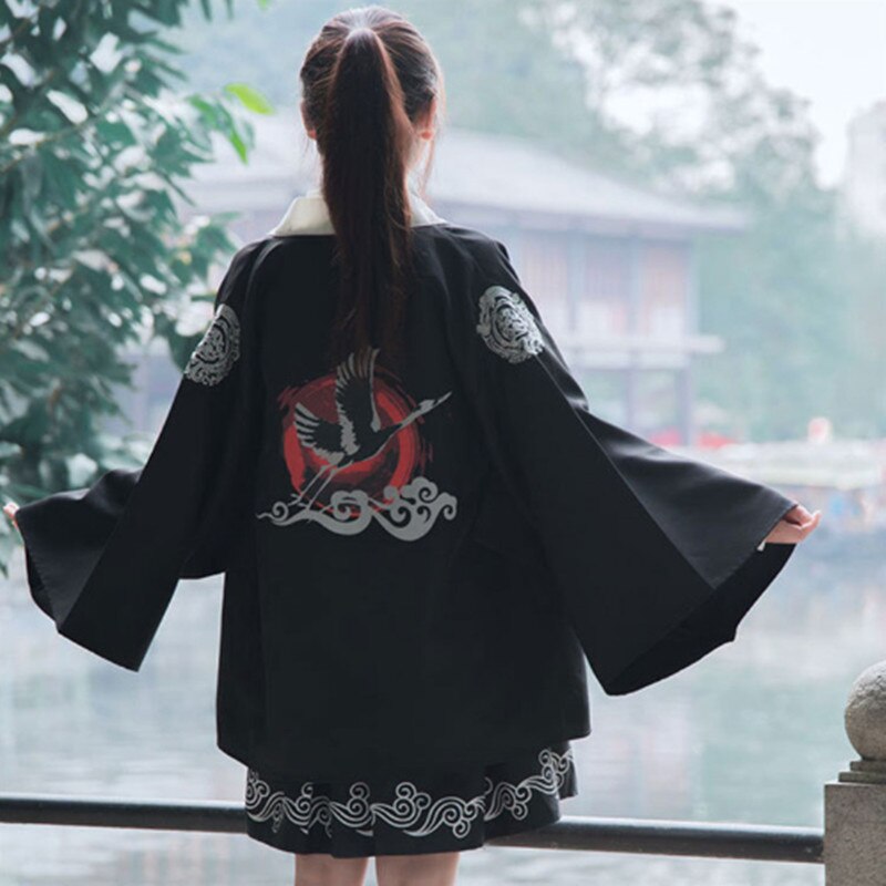 Bushido japonés-vestido de 2 piezas para mujer, abrigo y Vestido de manga larga con puño grande, bata de chica japonesa, estampado de grulla, blanco y negro