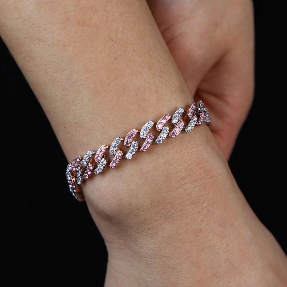 9mm width pink pinky white cubic zirconia cz Miami cuban link chain bracelet for women girl 17cm 19cm