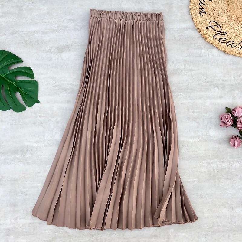 Faldas Midi plisada de gasa para mujer, faldas largas de cintura alta, Color liso, estilo informal, para primavera y verano: khaki