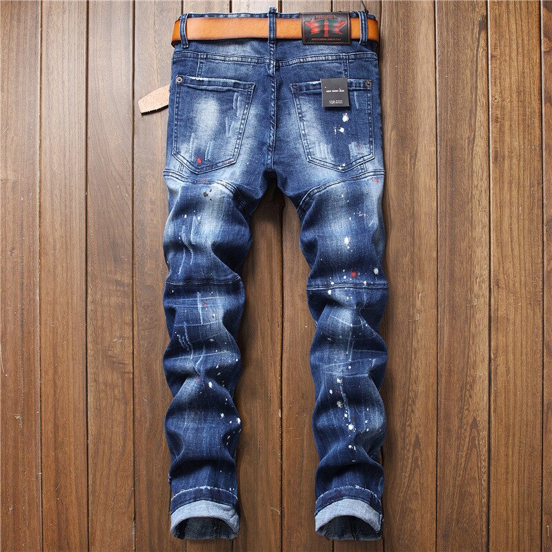 Licht Luxe Mannen Slim-Fit Ripped Blauw Denim Broek, Dot Print Decorating Jeans, white Wash Stijlvolle Sexy Straat Jeans