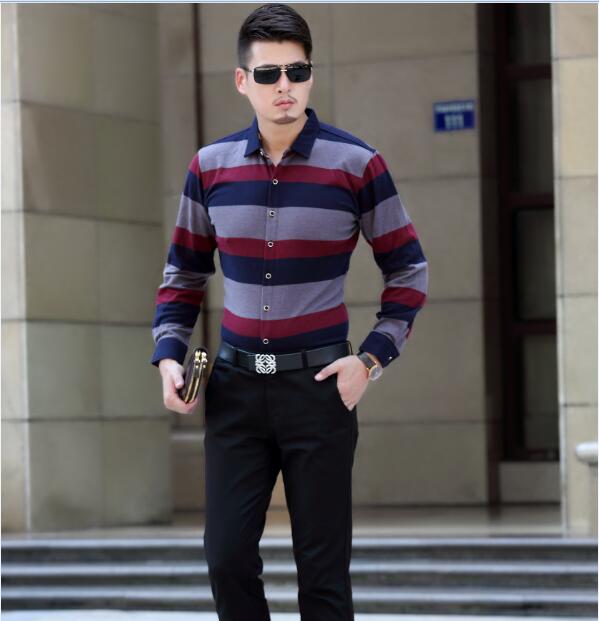 Heren overhemd met brede strepen, casual en zakelijk, lange mouwen, brede strepen, geverfd slim fit katoenen overhemd voor heren