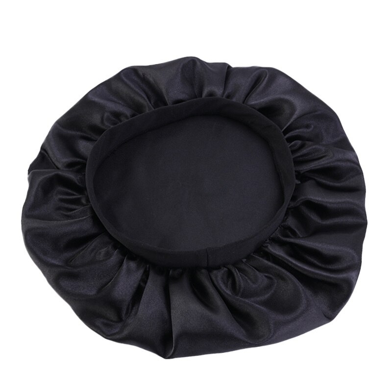 Gorro de satén liso ajustable para mujer, gorro de satén para el cuidado del cabello largo de seda, gorro de descanso para la cabeza, accesorios de estilismo, 32cm: Negro
