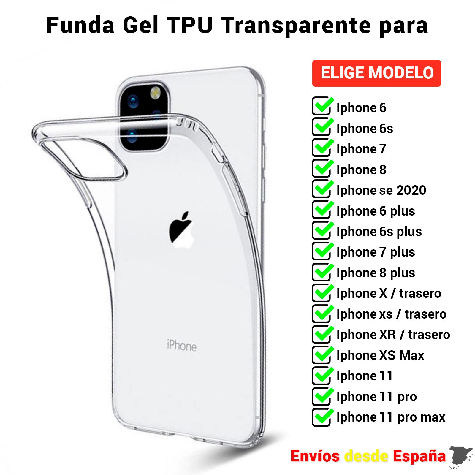 Funda TPU para iPhone 6 6s 7 8 X XS 12 11 Max Mini Plus SE . Carcasa transparente de silicona para movil. Elige modelo