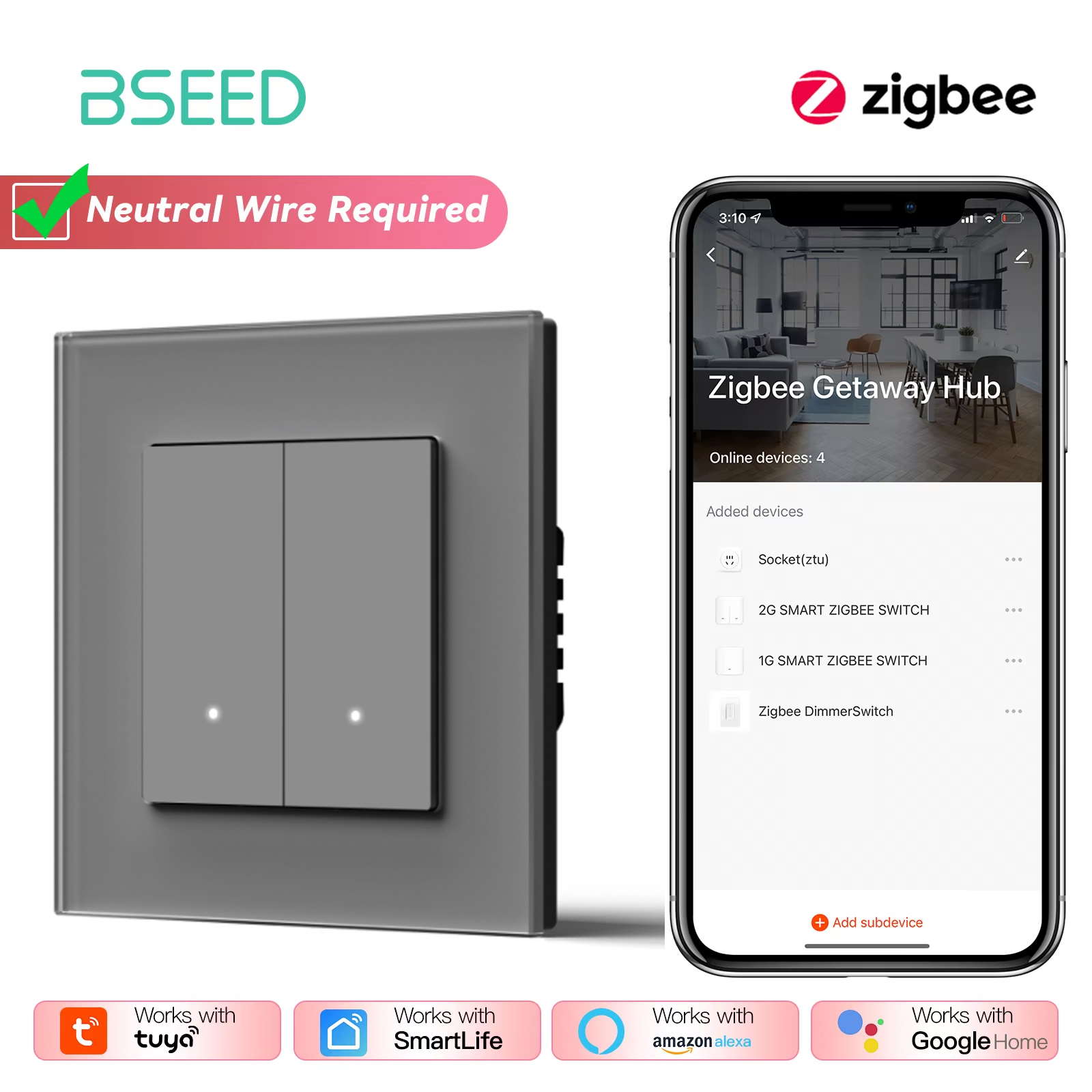 BSEED Zigbee przełączniki klikowe seria 1/2/3/4banda inteligentne przełączniki światła naścienne żółte podświetlenie szklana ramka Tuya APP UE przełączniki schodowe: Różowy