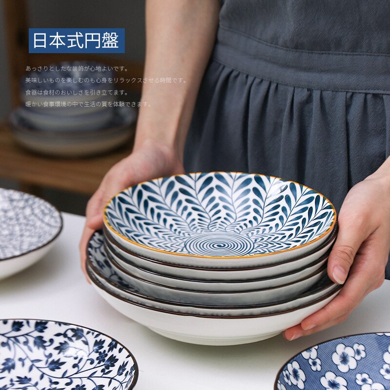 Vajilla de estilo chino con blanco y azul para pintar a mano de 8 pulgadas, platos de cerámica para fruta, ensalada, sopa