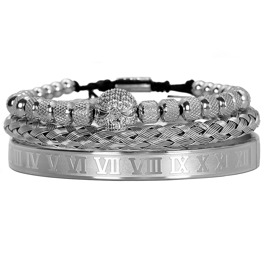 3 Stks/set Handgemaakte Mannen Armband Micro Pave Cz Skeletschedel Romeinse Cijfer Hennep Touw Gesp Open Rvs Armbanden: Silver Skull set