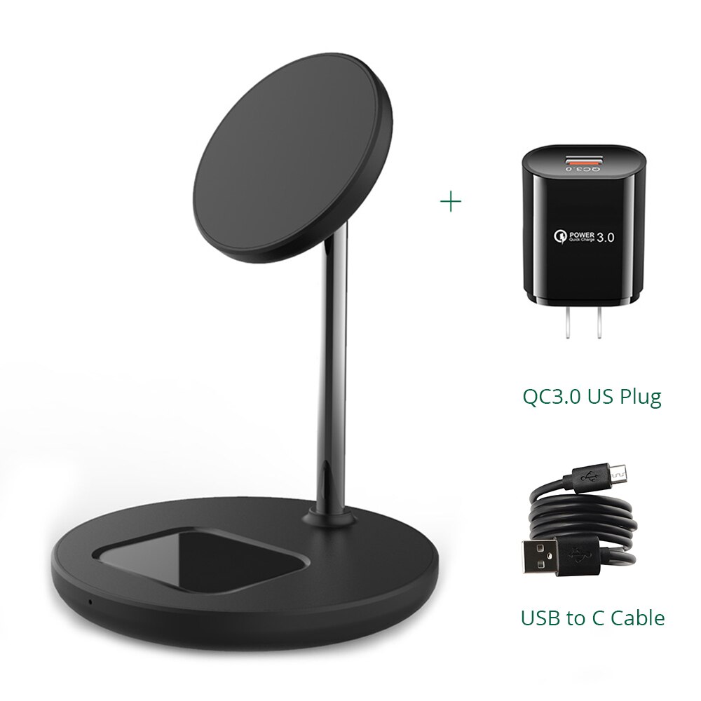 Magnetic Wireless Charger 2 in 1 Stand For iPhone 13/12 Pro/11/X Desktop Phone Holder 15W Qi Wireless Charging For Airpods 2 3: Black US Plug