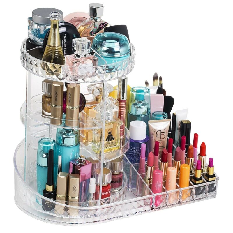 360 Degree Rotating Makeup Organizer 3-tier Acrylic Clear Cosmetic Storage Case PVC Display Spinning Rack