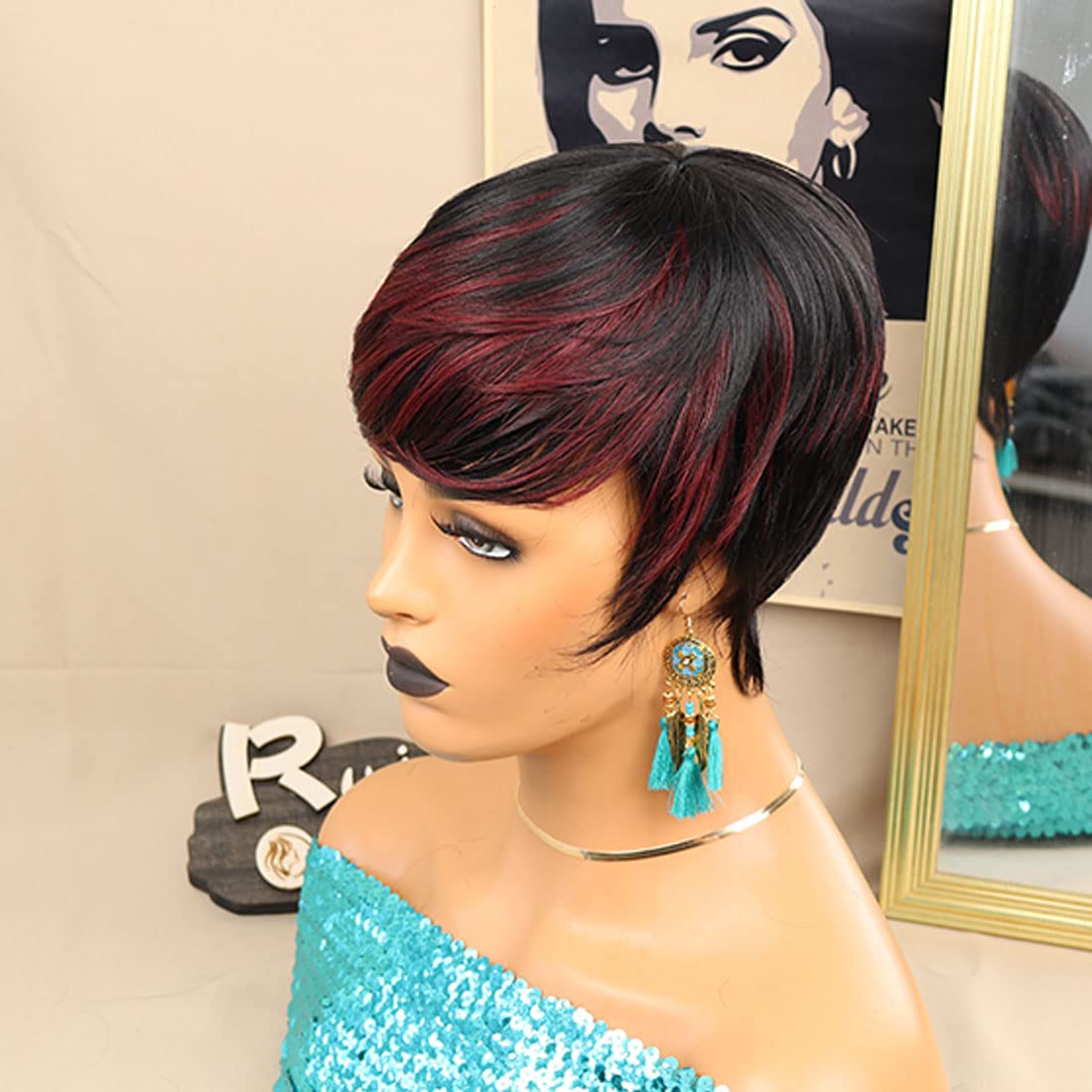Pelucas cortas de corte Pixie para mujeres negras, pelucas cortas con flequillo, pelucas negras con capas marrones, pelucas de cabello Real Bob corto sin pegamento para Wo